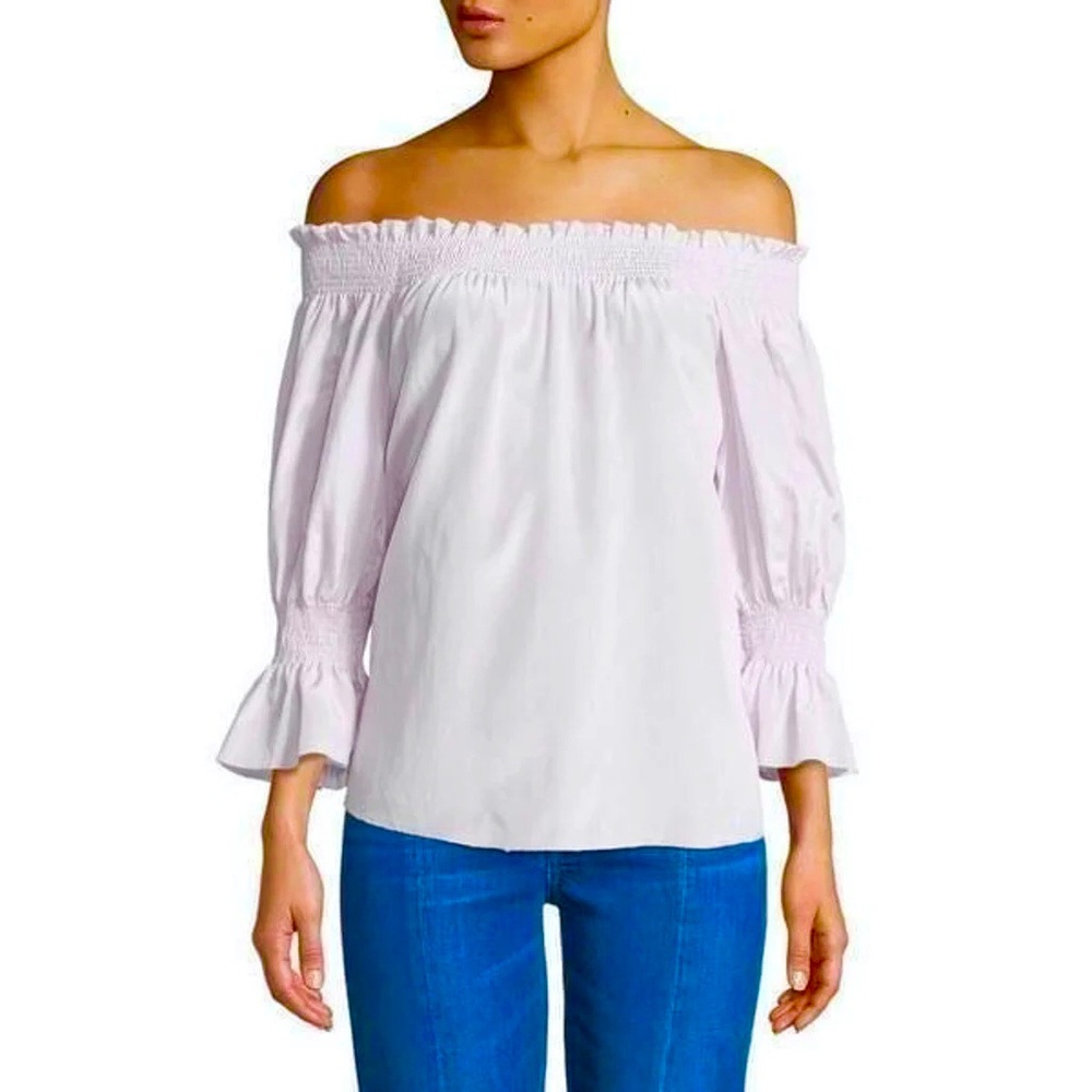 7 FOR ALL MANKIND Lilac Silk Blend Off Shoulder Ruffle Top